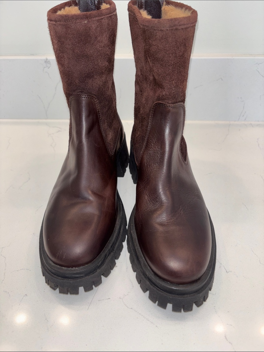 Italian Chunky Leather & Suede Ankle Boots in Dark Brown
